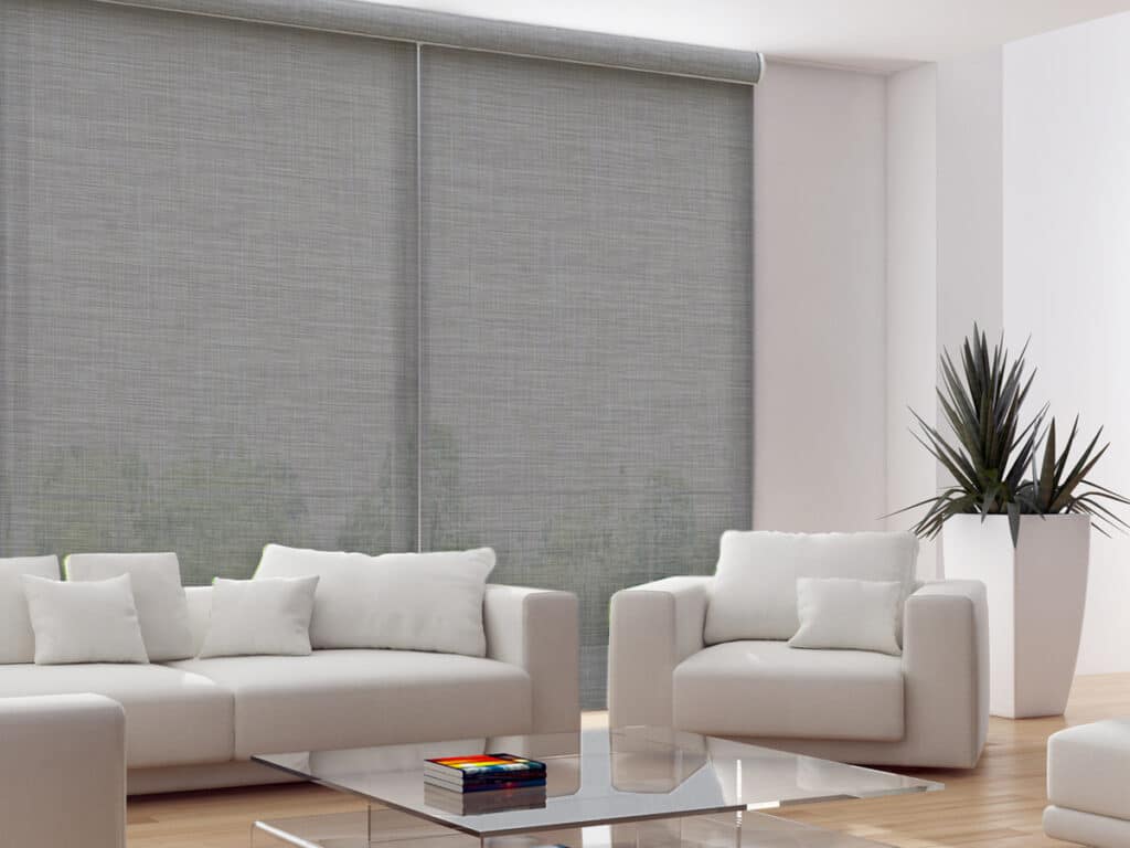 Minimalist roller blinds in a modern living room.