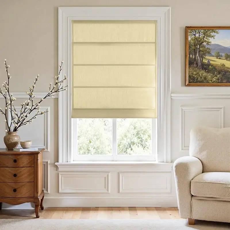 Elegant fabric Roman shades in a bedroom.